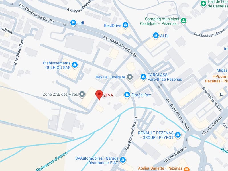 Carte de la zone ZAE des Aires à Pézenas, France, localisant l'entité 2FVA près de Rey Le Funéraire et des Établissements Oulhiou SAS.