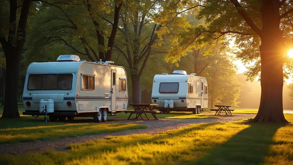 Deux caravanes blanches garées dans un camping boisé au lever ou coucher du soleil, avec tables de pique-nique et lumière dorée filtrant à travers les arbres.
